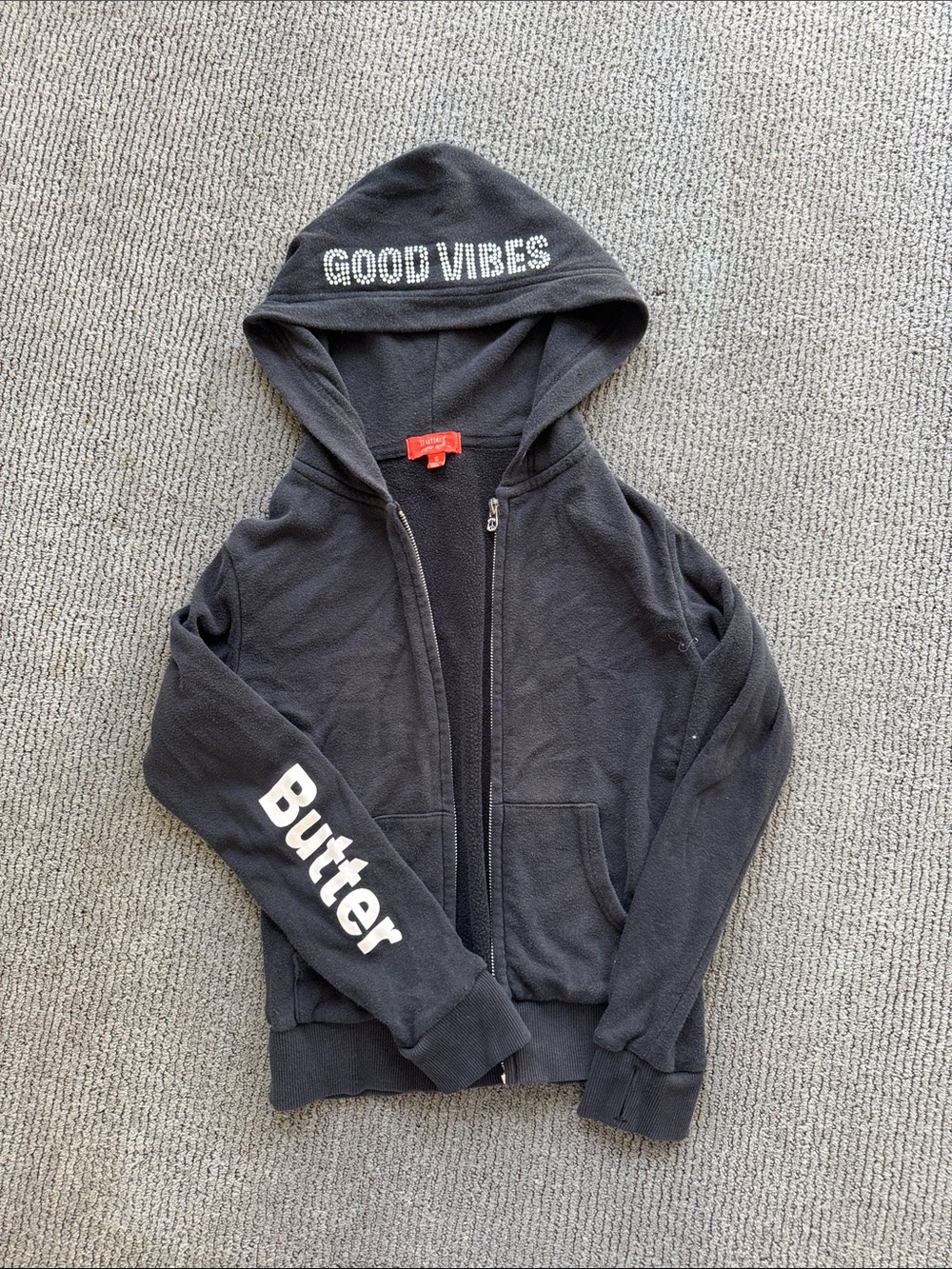 Butter Kids Black 'Good Vibes' Zip Hoodie with White Sleeve Logo